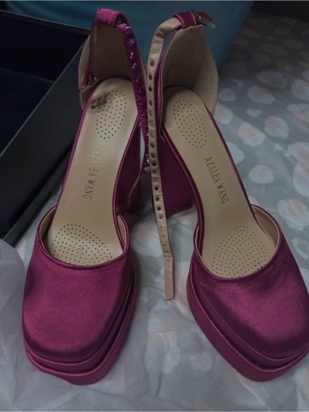 Alaïa Wang Women's Magenta Satin Platform Heels with Ankle Strap